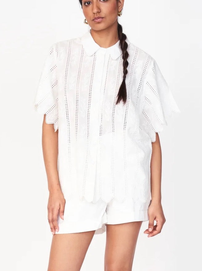 Mirth Harbour Blouse in White Vine Eyelet