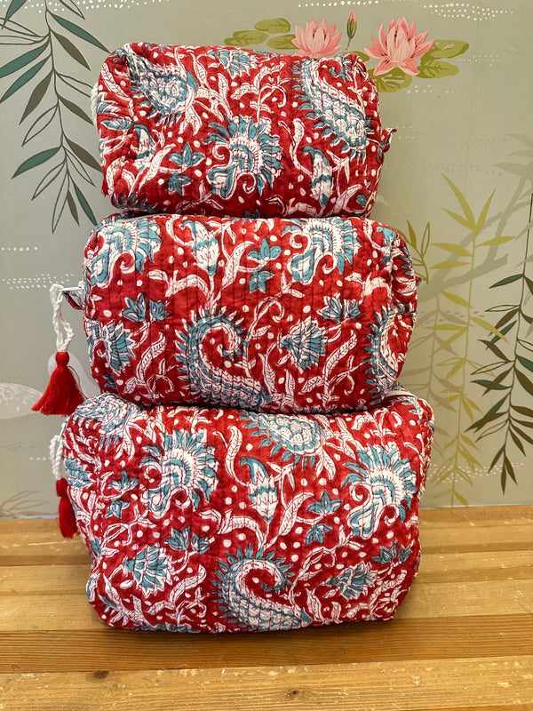 Block Print Cosmetic Bag Set- Red